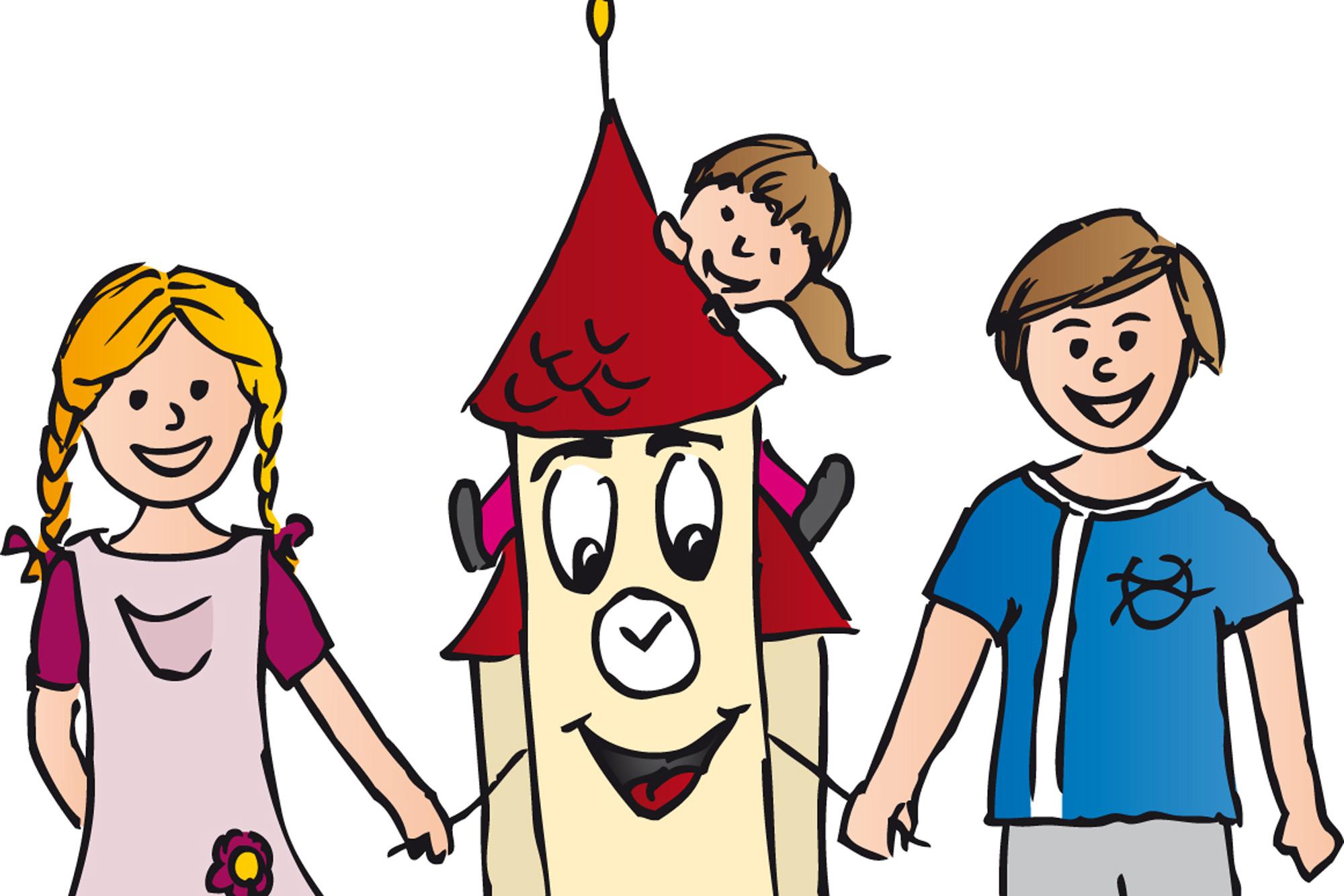 Kinderkirche - Kirchturm mit fröhlichem Gesicht hält ein Mädchen und einen Jungen an den Händen, ein weiteres Kind lugt hinterm Dach hervor