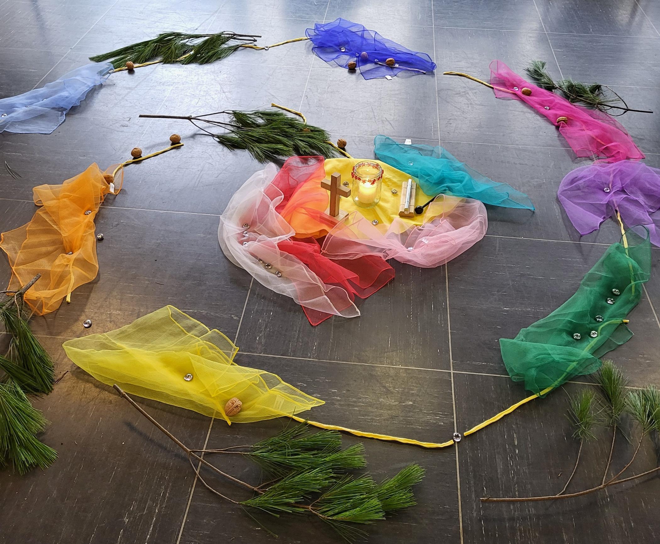 Spiralförmig entlang einer Schnur sind bunte Tücher, Tannenzweige und Nüsse auf dem Boden des Pfarrheims angeordnet. Die Mitte ist mit Kreuz, Kerze und Klangstab gestaltet.