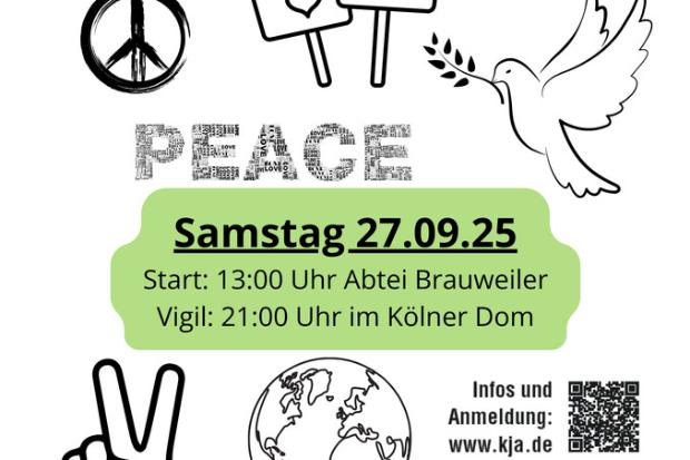 Jugend-im-Dom Pilgern - Auf der Suche nach Frieden am 27.09.2025 (c) Erzbistum Köln | Bereich Jugend-, Schul- & Hochschulpastoral Jugend-im-Dom - Auf der Suche nach Frieden - Samstag 27.09.2025 - Start: 13 Uhr Abtei Brauweiler in Pulheim, Vigil: 21 Uhr im Kölner Dom - Infos und Anmeldung www.kja.de