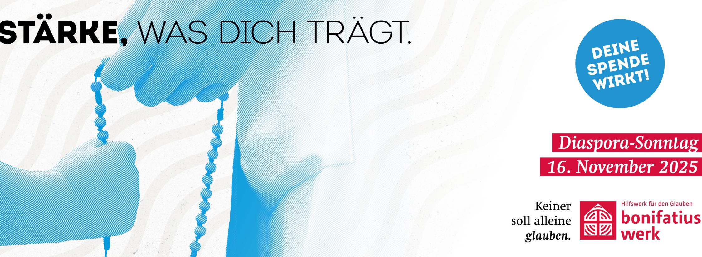 Webbanner mit Spendenaufruf zum Diaspora-Sonntag am 16.11.2025 unter dem Leitwort 'Stärke, was dich trägt'