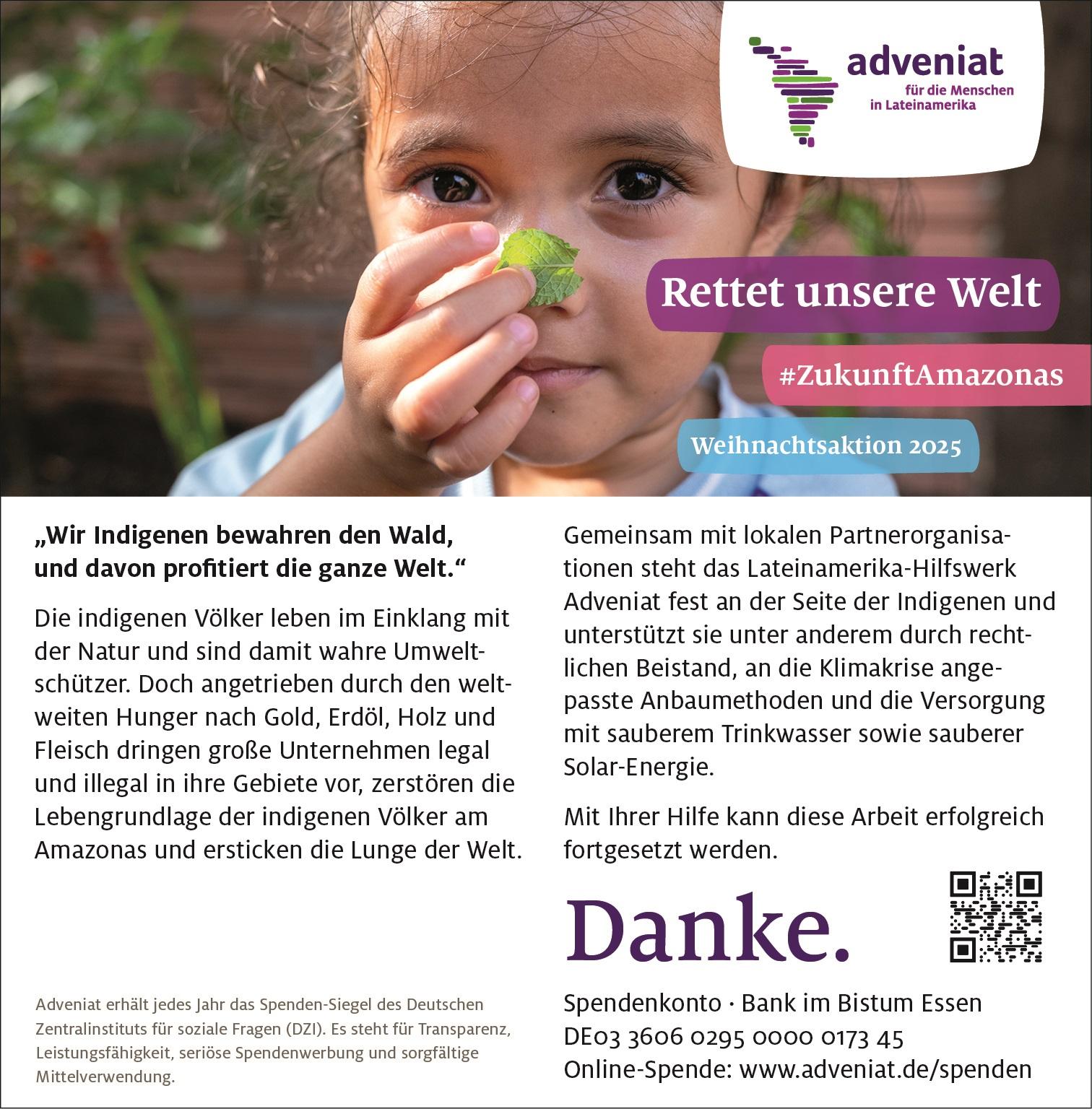 Indigenes Kind hält Blatt hoch; Rettet unsere Welt #ZukunftAmazonas adveniat Weihnachtsaktion 2025