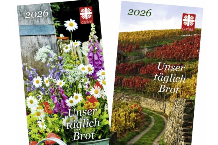 Caritas-Tagesabreißkalender mit zwei Motiven auf beidseitig bedruckter Rückwand