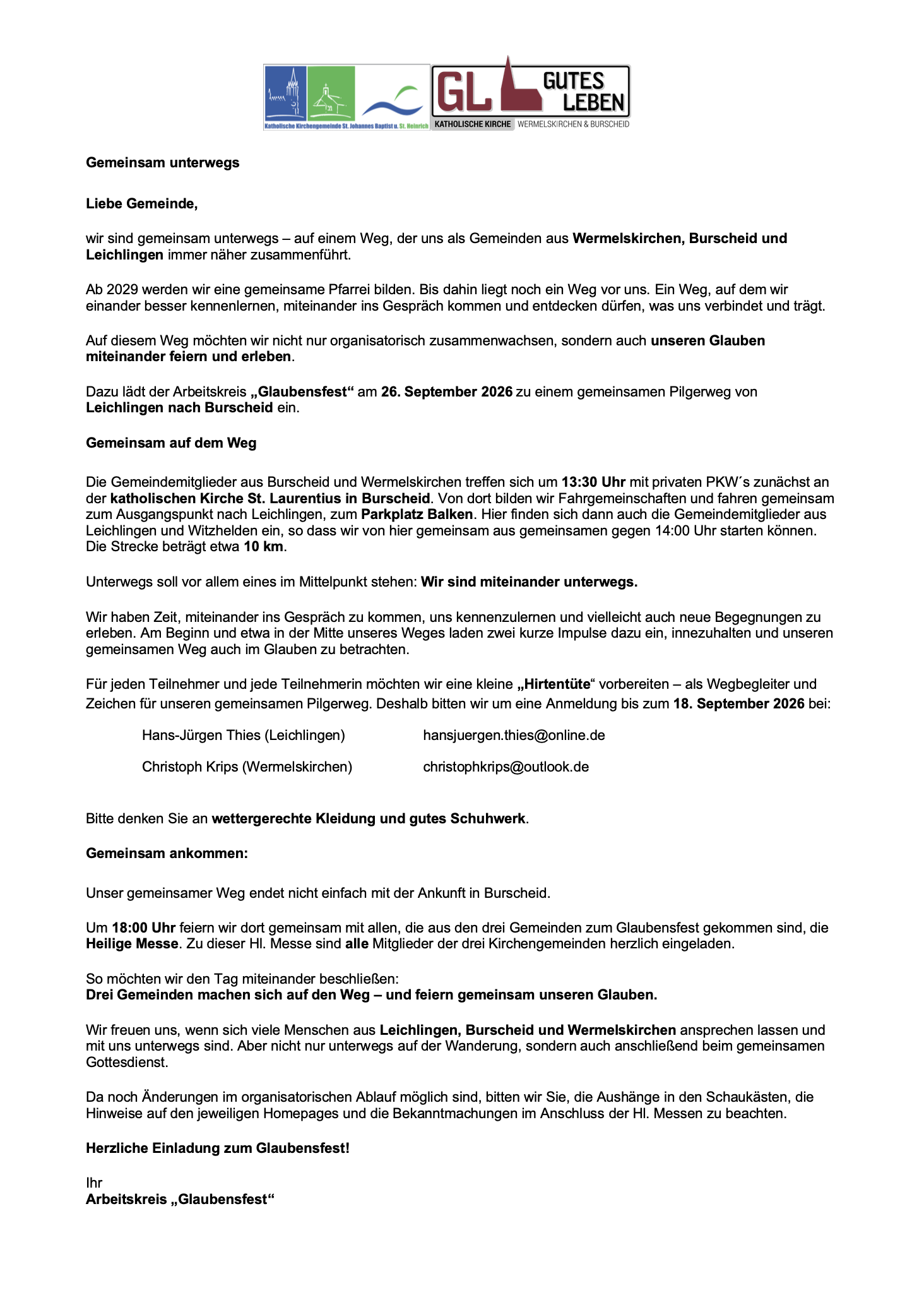 Plakat Glaubensfest 'Gemeinsam unterwegs' der Pastoralen Einheit 26.09.2026