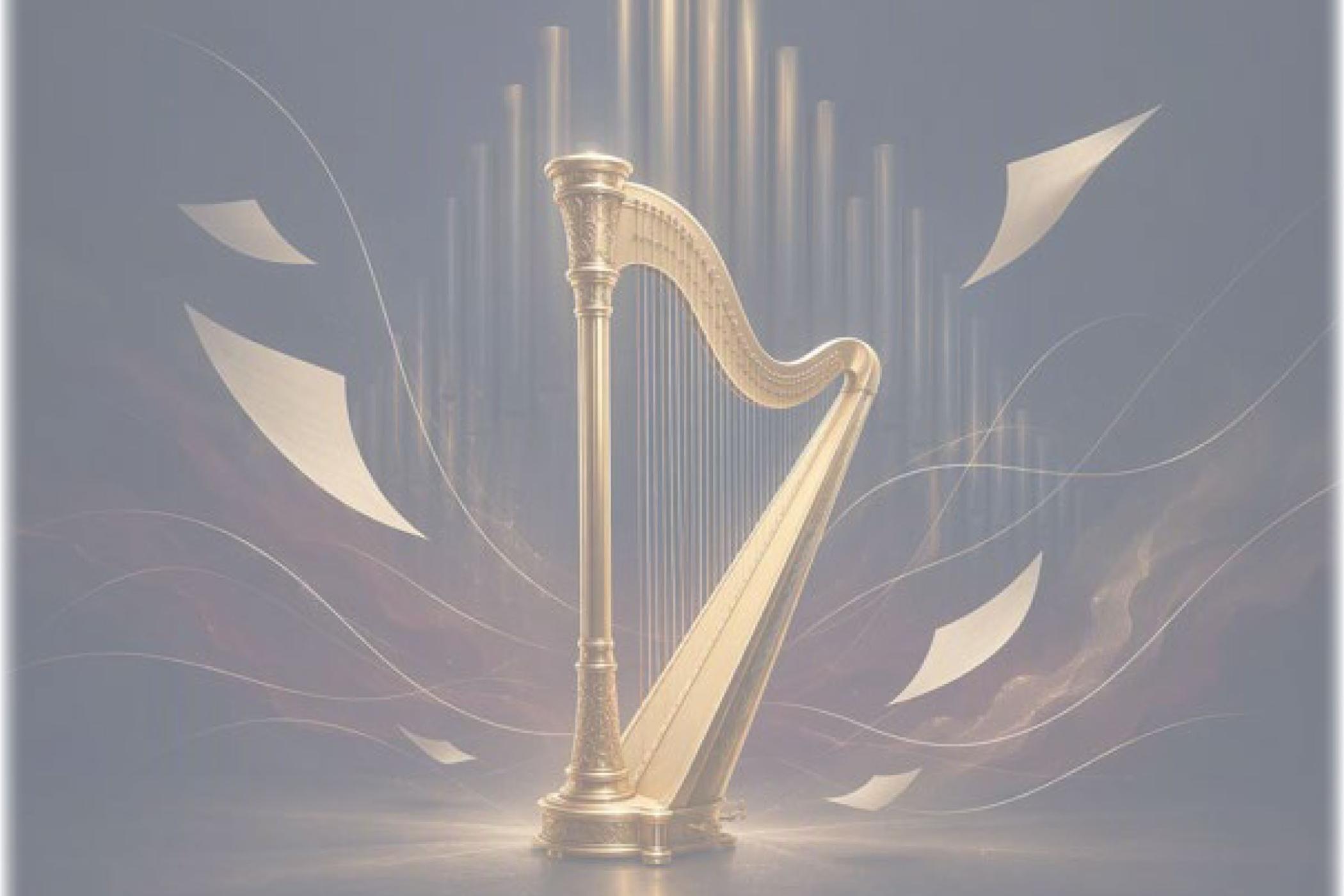 Kunstvolle, goldene Harfe vor einer goldenen Orgel in einer stimmungsvollen Kulisse