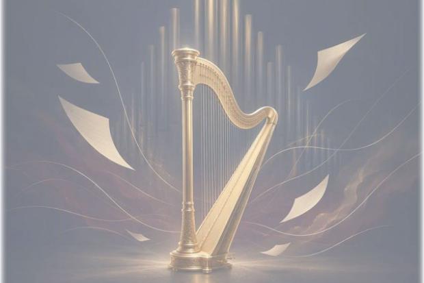 Hintergrund des Plakats zum Konzert mit Lyrik in der alten Kirche (c) KI generiert Kunstvolle, goldene Harfe vor einer goldenen Orgel in einer stimmungsvollen Kulisse