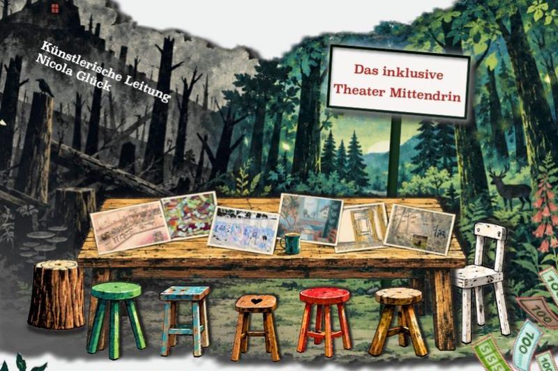 Plakat mit Terminen des Theaterstücks 'WG Siebenstern'. Darauf abgebildet: Ein Tisch in einem Wald, der zur Hälfte verbrannt, zur Hälfte vital ist. Um den Tisch stehen 7 Sitzgelegenheiten.