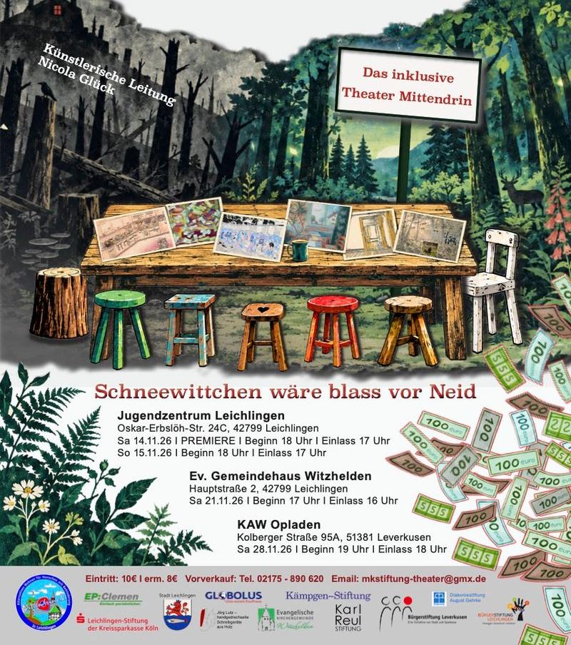 2026-11_Plakat_ WG SIEBENSTERN Plakat mit Terminen des Theaterstücks 'WG Siebenstern'. Darauf abgebildet: Ein Tisch in einem Wald, der zur Hälfte verbrannt, zur Hälfte vital ist. Um den Tisch stehen 7 Sitzgelegenheiten.