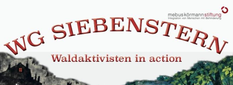 2026-11_Plakat_ WG SIEBENSTERN Plakat mit Terminen des Theaterstücks 'WG Siebenstern'. Darauf abgebildet: Ein Tisch in einem Wald, der zur Hälfte verbrannt, zur Hälfte vital ist. Um den Tisch stehen 7 Sitzgelegenheiten.