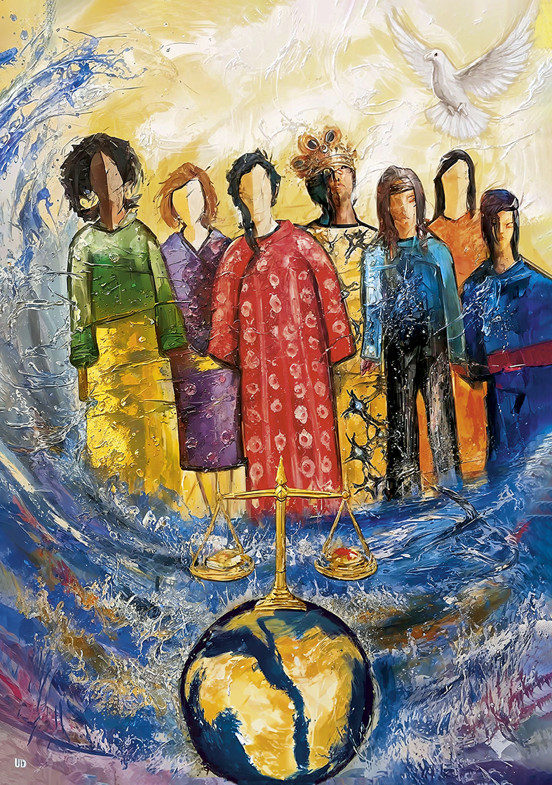 River of Prayer - Bild zum Weltgebetstag 2027 Frauen aus aller Welt, die jeweils unterschiedliche Kulturen und Regionen repräsentieren, vereint im Gebet