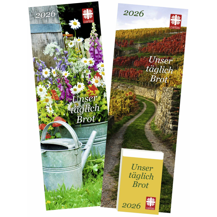 Caritas-Tagesabreißkalender mit zwei Motiven auf beidseitig bedruckter Rückwand