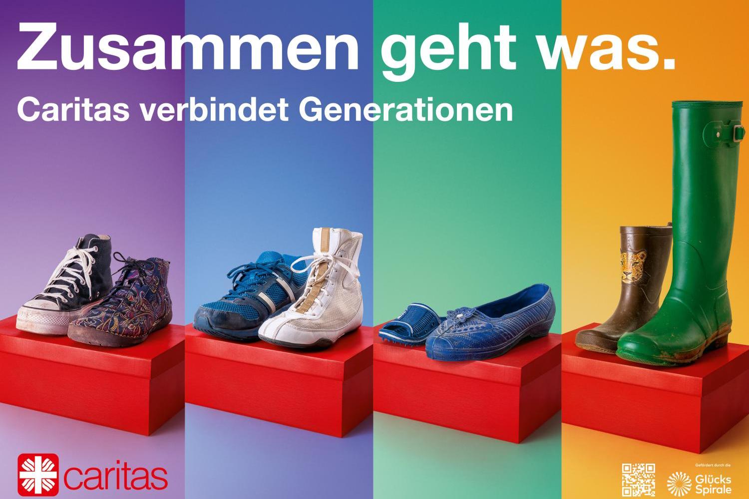 Verschiedene Schuhe für alle Altersgruppen auf buntem Hintergrund.