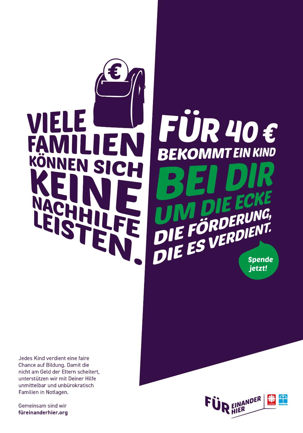 Viele Familien können sich keine Nachhilfe leisten. Für 40 € bekommt ein Kind bei dir um die Ecke die Förderung, die es verdient. Spende jetzt!