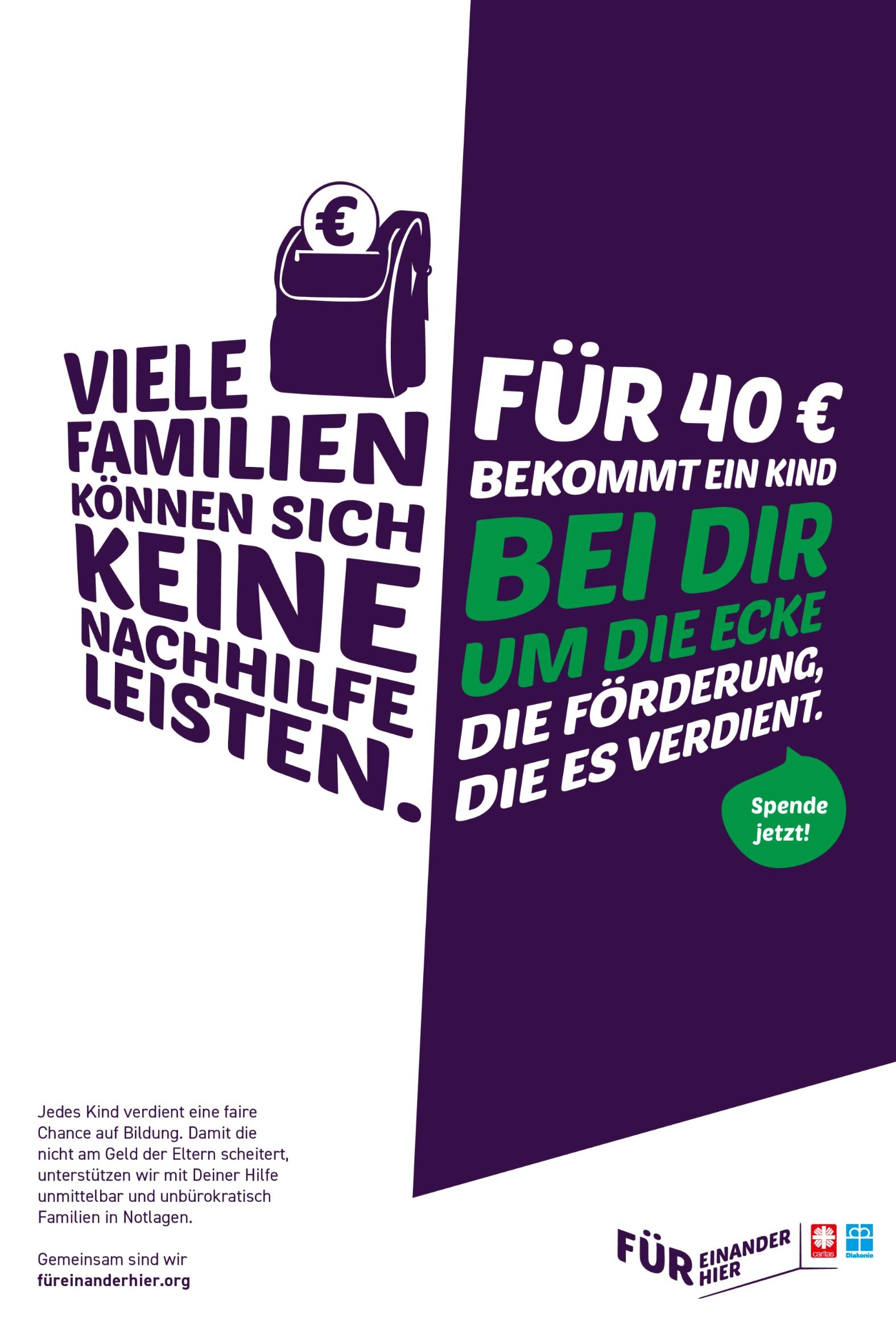 Viele Familien können sich keine Nachhilfe leisten. Für 40 € bekommt ein Kind bei dir um die Ecke die Förderung, die es verdient. Spende jetzt!