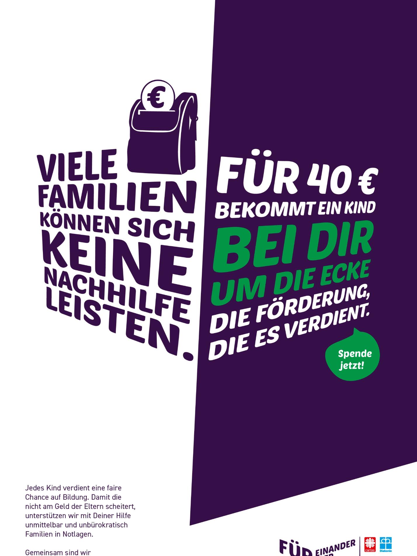Viele Familien können sich keine Nachhilfe leisten. Für 40 € bekommt ein Kind bei dir um die Ecke die Förderung, die es verdient. Spende jetzt!