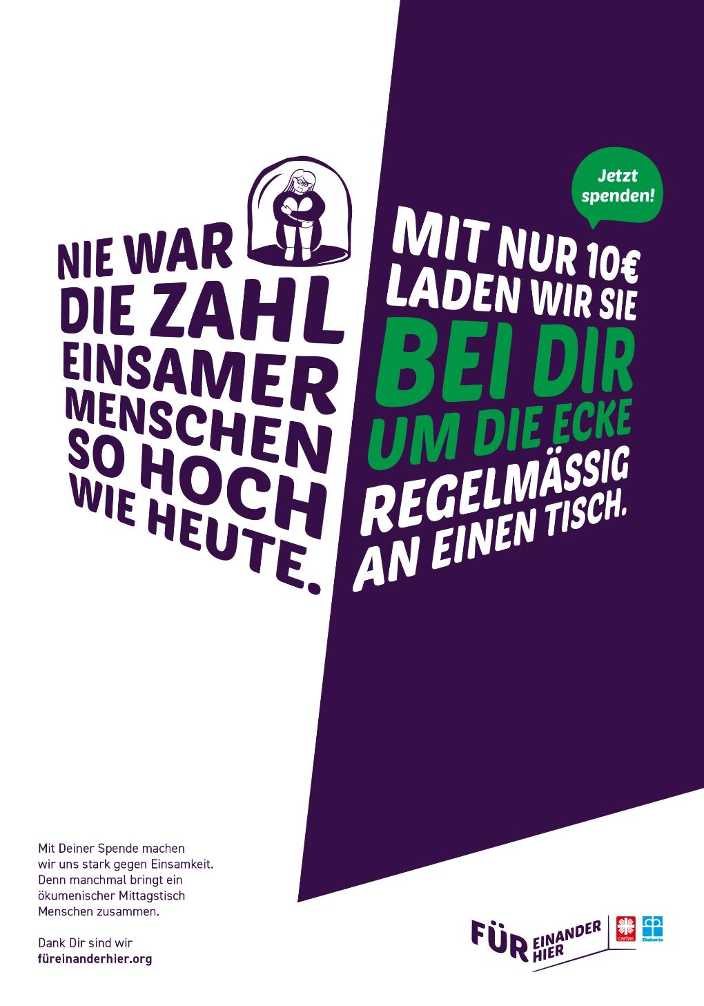 Nie war die Zahl einsamer Menschen so hoch wie heute. Mit nur 10 € laden wir sie bei dir um die Ecke regelmäßig an einen Tisch. Jetzt spenden!