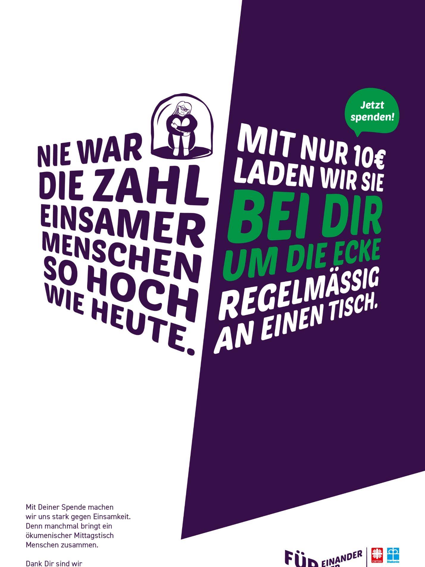 Nie war die Zahl einsamer Menschen so hoch wie heute. Mit nur 10 € laden wir sie bei dir um die Ecke regelmäßig an einen Tisch. Jetzt spenden!