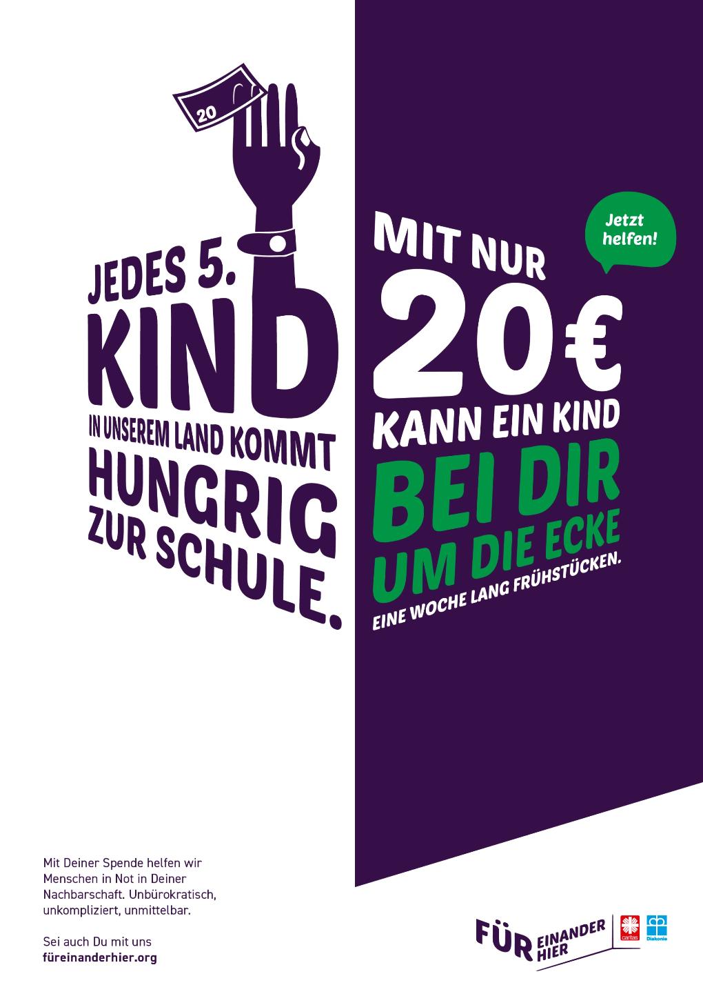 Jedes 5. Kind in unserem Land kommt hungrig zur Schule. Mit nur 20 € kann ein Kind bei dir um die Ecke eine Woche lang frühstücken. Jetzt helfen!