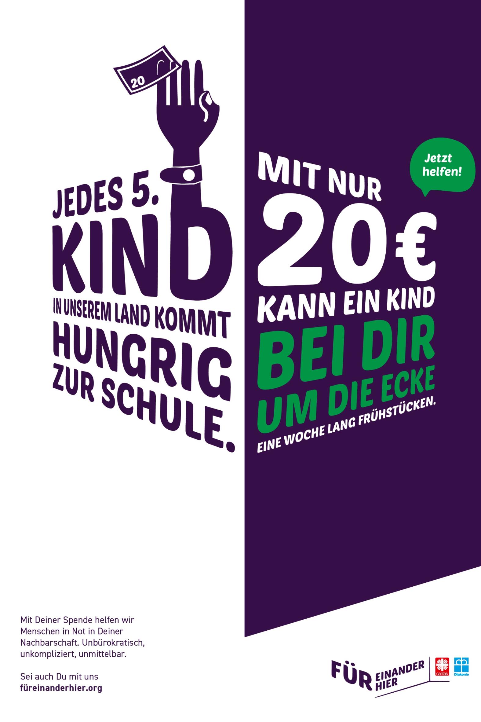 Jedes 5. Kind in unserem Land kommt hungrig zur Schule. Mit nur 20 € kann ein Kind bei dir um die Ecke eine Woche lang frühstücken. Jetzt helfen!