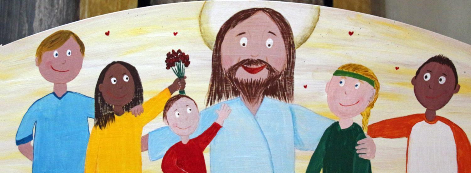 Gemälde auf Holz mit Jesus umgeben von Kindern unterschiedlicher Hautfarbe