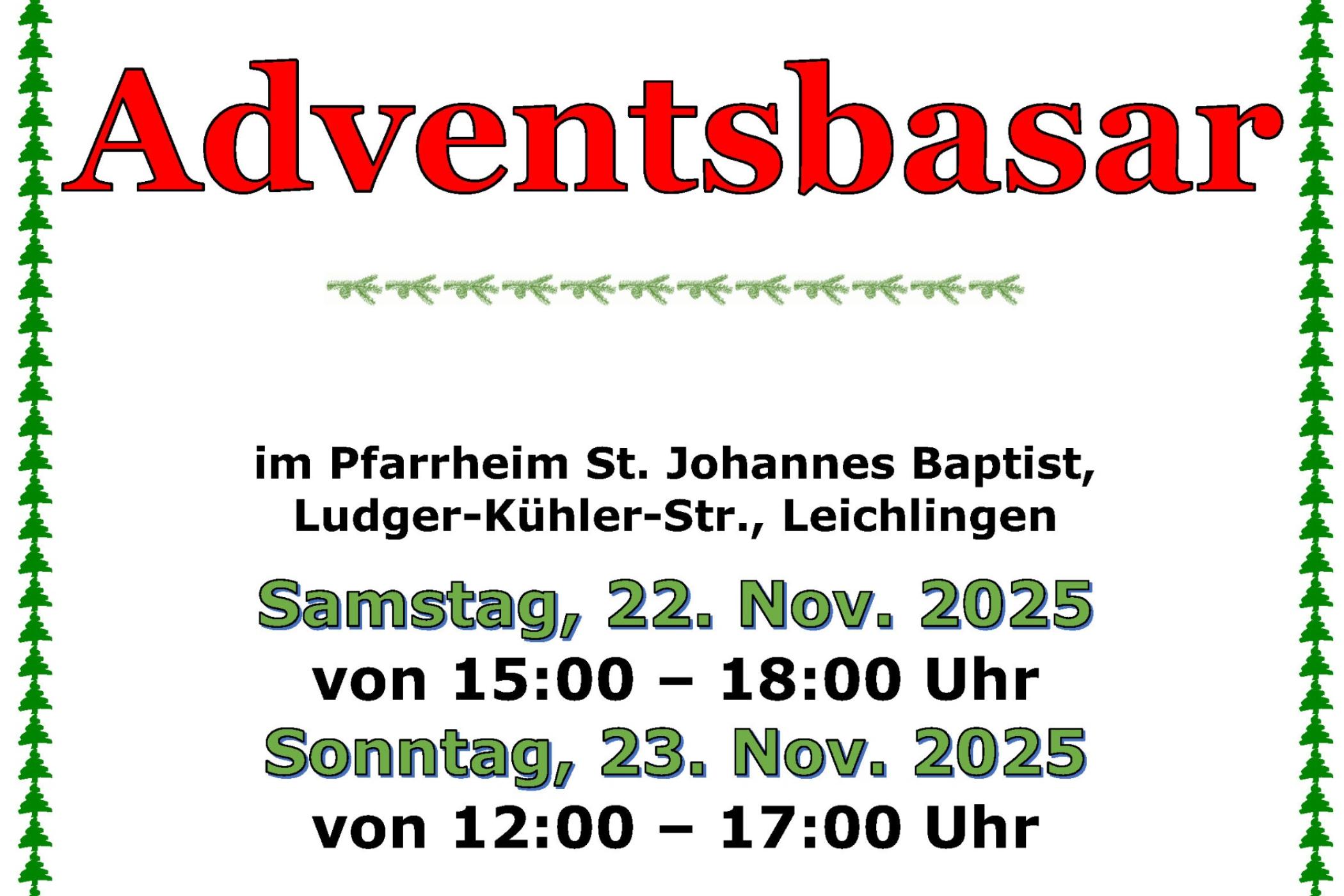 Adventsbasar im Pfarrheim St. Johannes Baptist, Ludger-Kühler-Str., Leichlingen - Verkauf von Adventsgestecken, Handarbeiten, selbstgemachten Leckereien und vielen weihnachtlichen Artikeln Möglichkeiten zum Mittagessen Kaffeetrinken