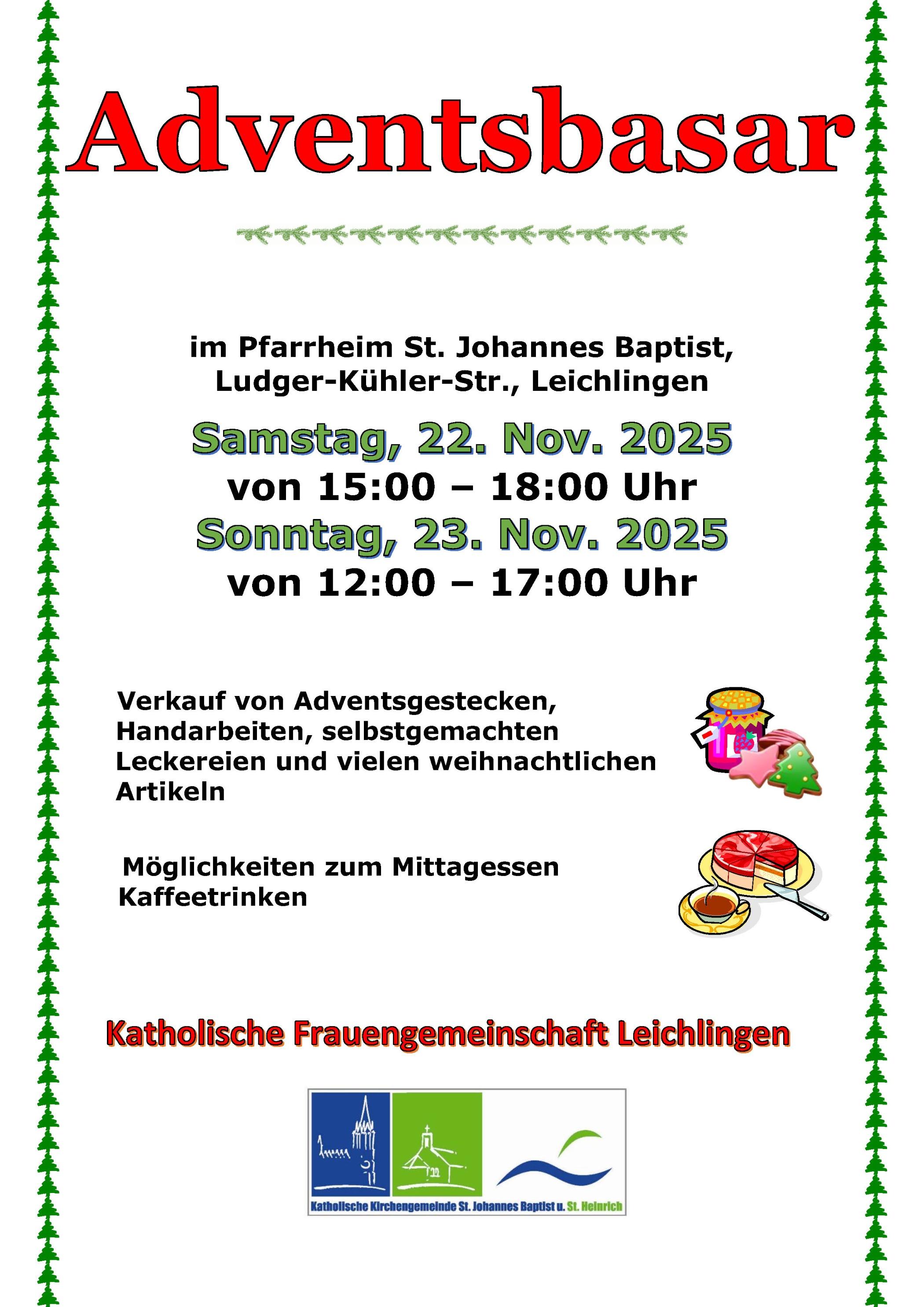 Adventsbasar im Pfarrheim St. Johannes Baptist, Ludger-Kühler-Str., Leichlingen - Verkauf von Adventsgestecken, Handarbeiten, selbstgemachten Leckereien und vielen weihnachtlichen Artikeln Möglichkeiten zum Mittagessen Kaffeetrinken