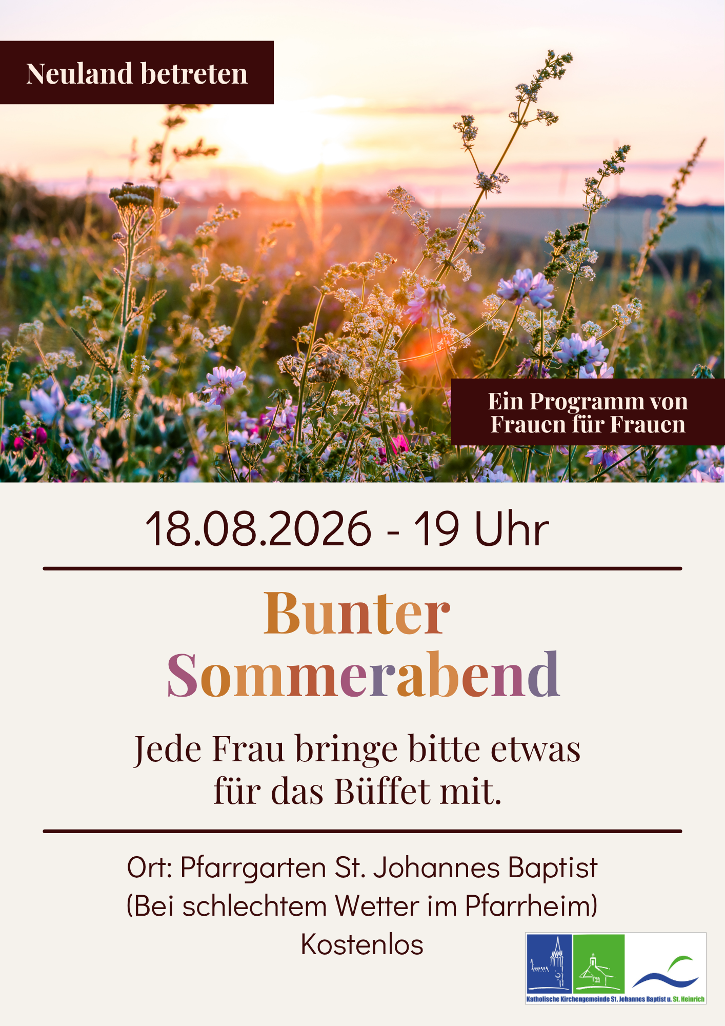 Plakat Neuland betreten August 2026: Bunter Sommerabend