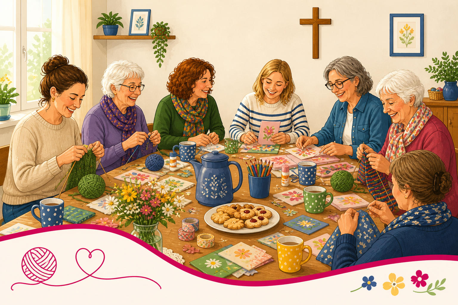 Frauen sitzen in geselliger Runde an einem Tisch mit Plätzchen und Kaffee und basteln oder handarbeiten
