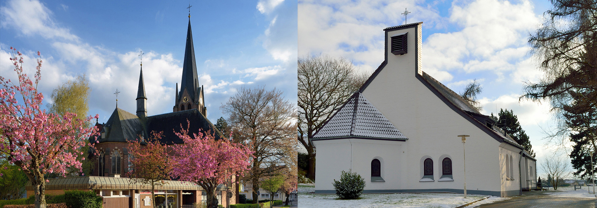 Fotos von St. Johannes Baptist im Frühling und St. Heinrich nebeneinander