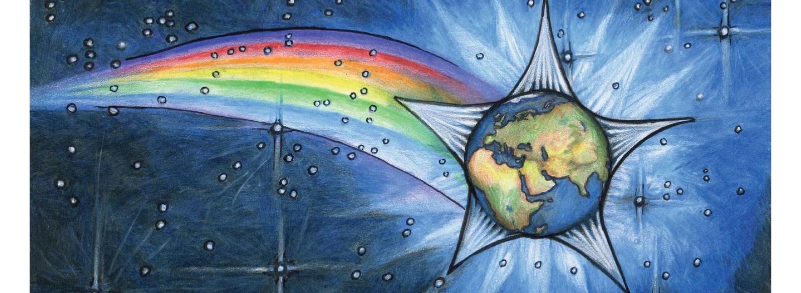 Stern mit Weltkugel im Zentrum und Regenbogen als Schweif