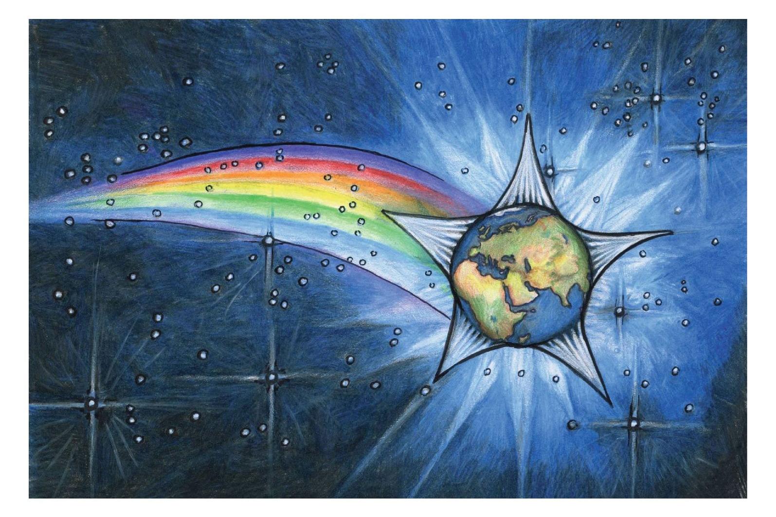 Stern mit Weltkugel im Zentrum und Regenbogen als Schweif