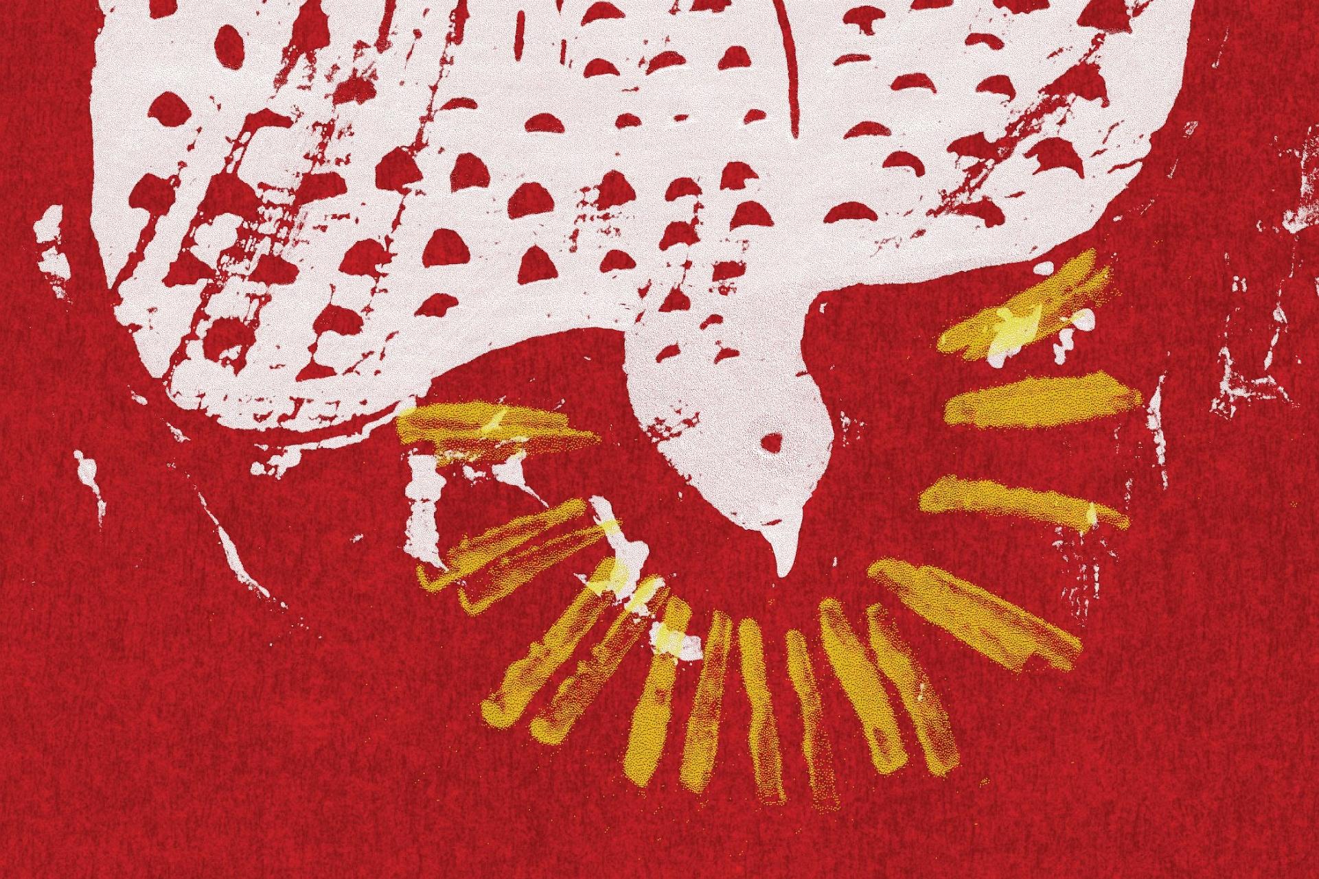 Weiße fliegende Taube auf rotem Grund mit gelben Strahlen um den Kopf