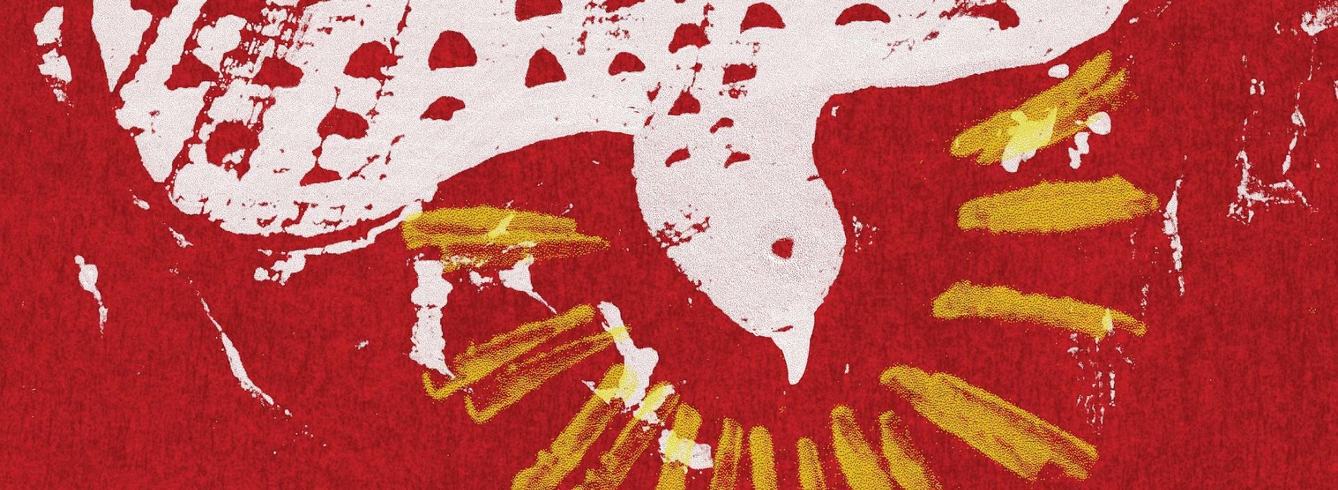 Weiße fliegende Taube auf rotem Grund mit gelben Strahlen um den Kopf