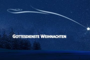 Grafik: Stern mit langem Schweif über nächtlichem Wald, darauf steht: Gottesdienste Weihnachten