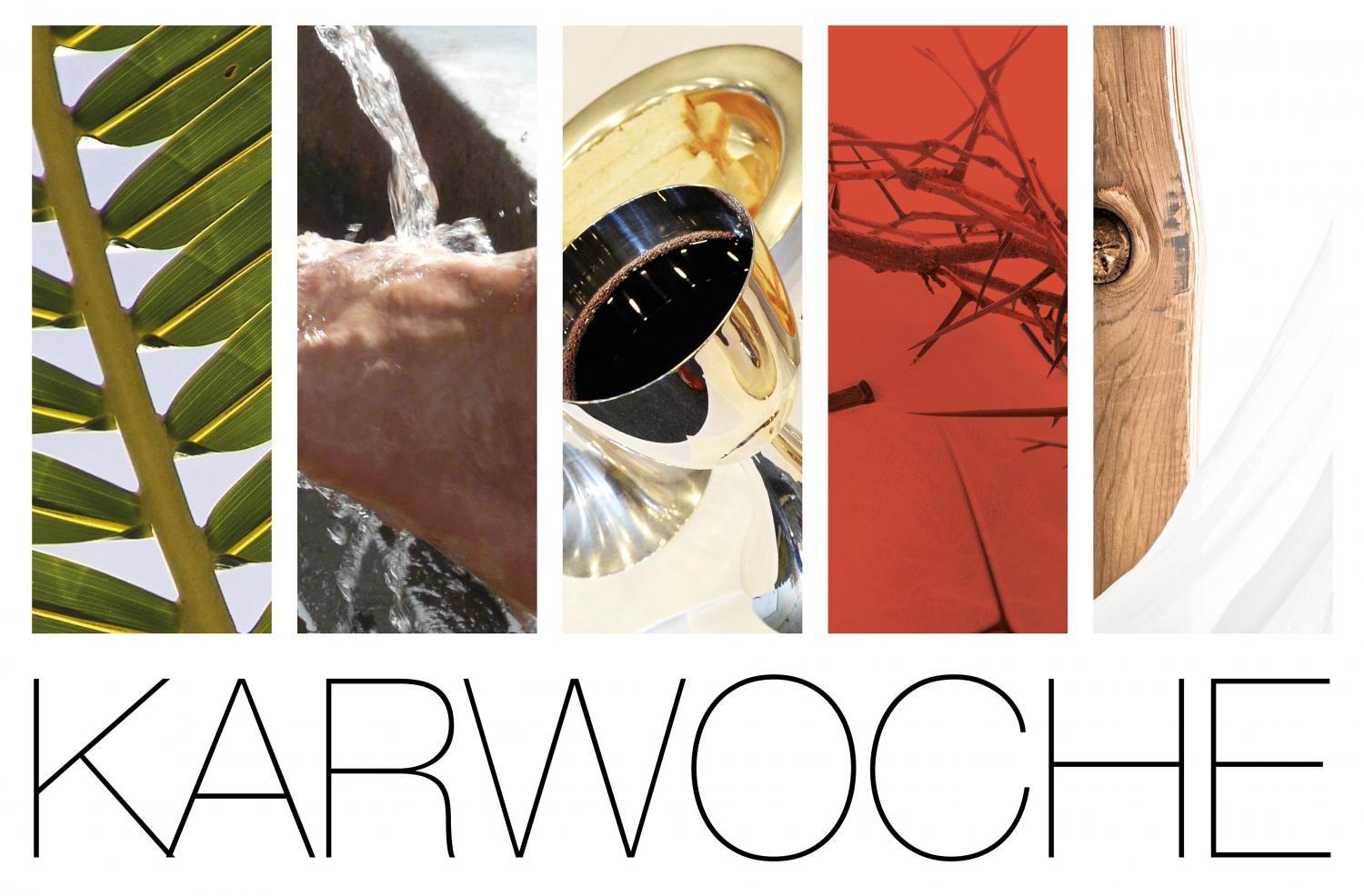 Collage zur Karwochen mit Symbolbildern: Palmzweig, Fußwaschung, Salbung, Dornenkrone, weißem Tuch