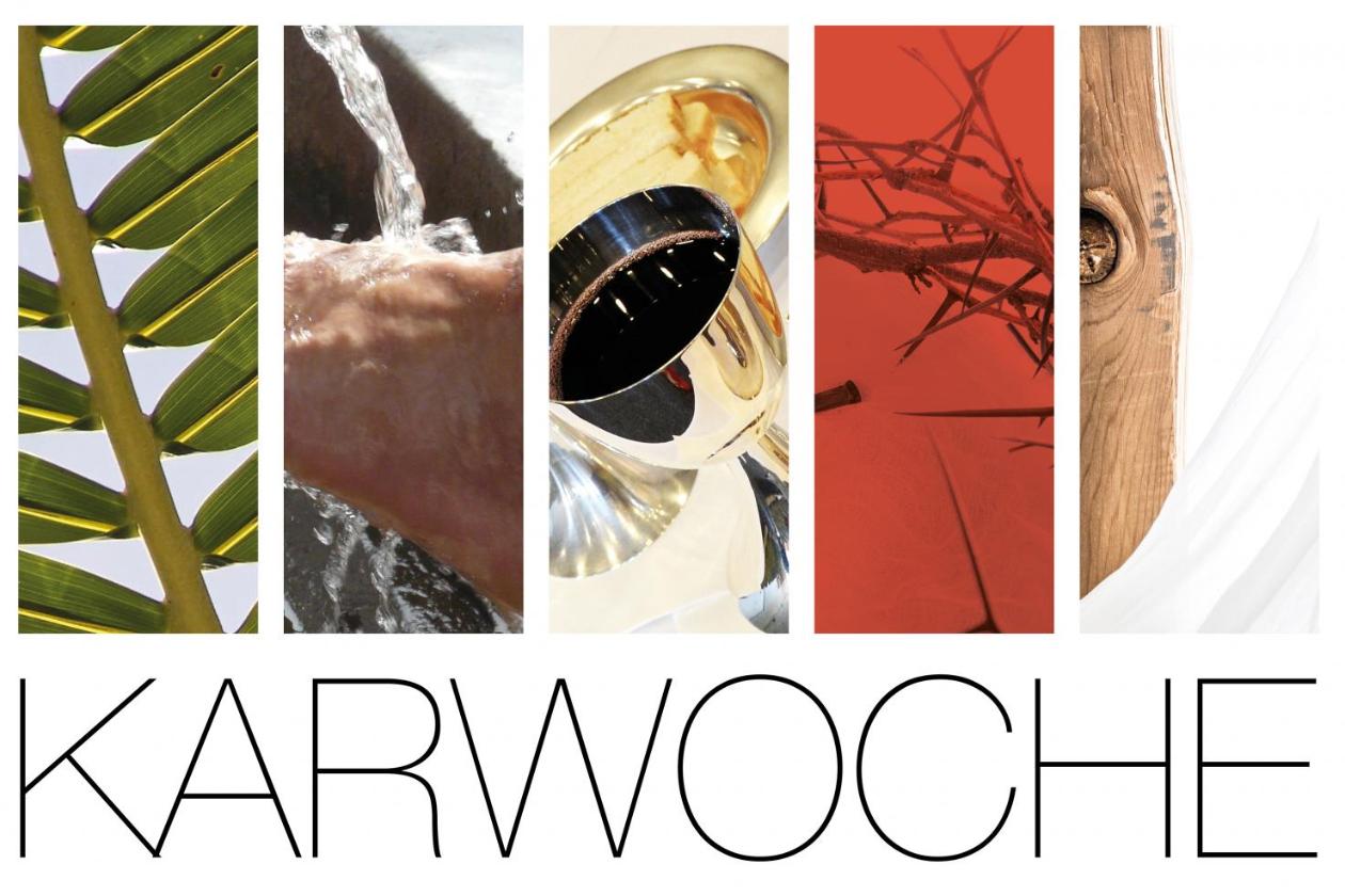Collage zur Karwochen mit Symbolbildern: Palmzweig, Fußwaschung, Salbung, Dornenkrone, weißem Tuch