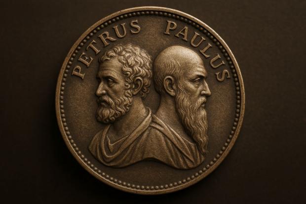 Münze mit Petrus und Paulus - KI generiert (c) KI generiert, MS Copilot web Münze mit Petrus und Paulus - KI generiert