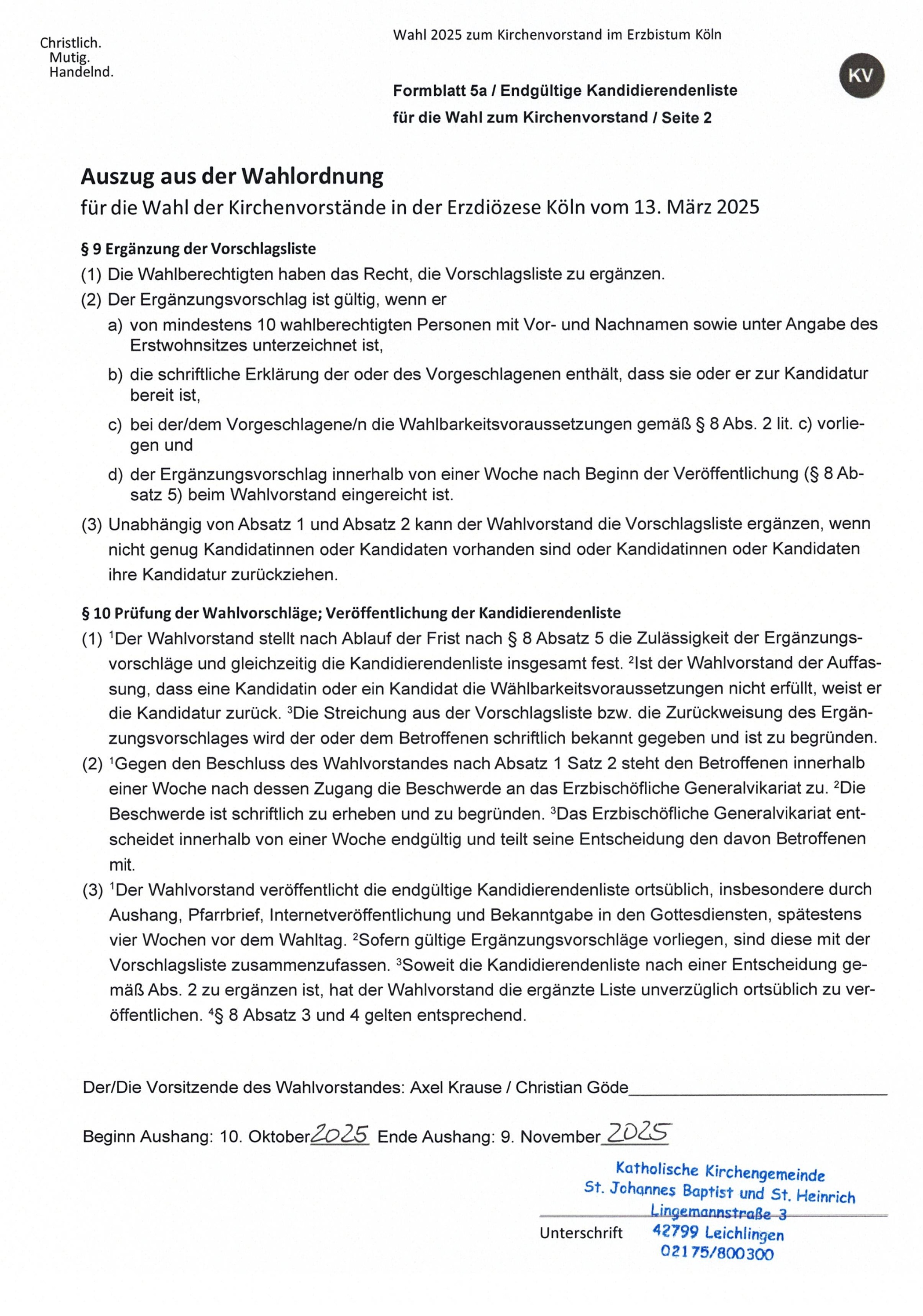 KV-Wahl 2025: Auszug aus der Wahlordnung §9 und §10