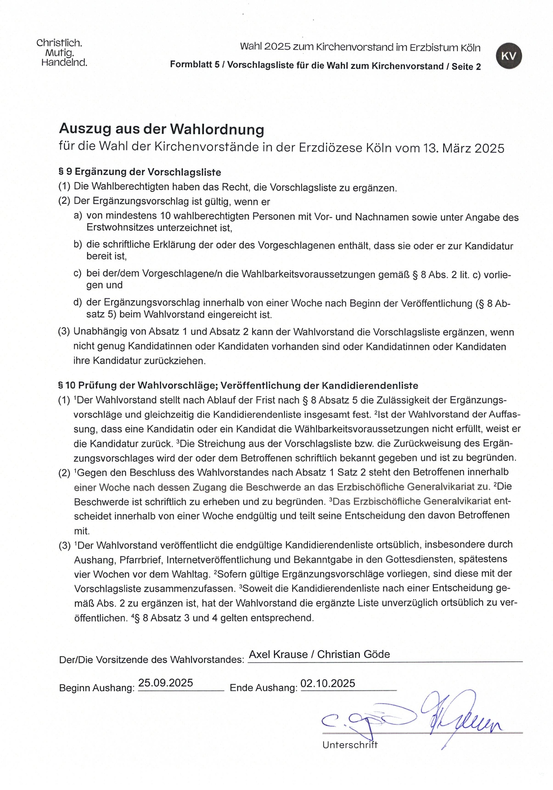 Regeln zur Ergänzung der Vorschlagsliste, Prüfung der Wahlvorschläge und Veröffentlichung der Kandidierendenliste