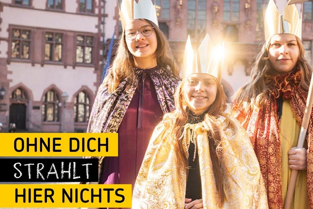 3 lächelnde Sternisngerinnen über denen sich in einem Fenster die Sonne spiegelt, daneben steht: Ohne dich strahlt hier nichts