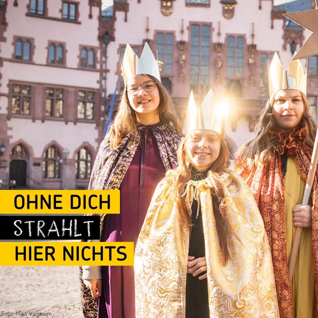 3 lächelnde Sternisngerinnen über denen sich in einem Fenster die Sonne spiegelt, daneben steht: Ohne dich strahlt hier nichts