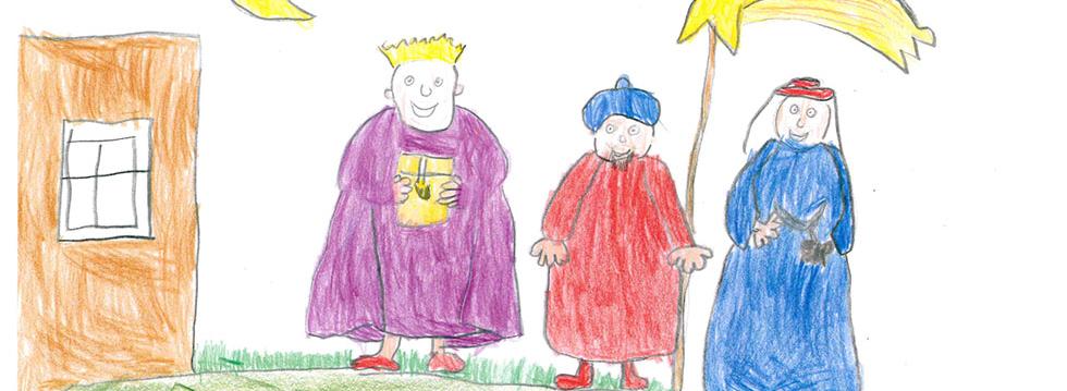 Drei Könige Kinderzeichnung von 3 Sternsingern