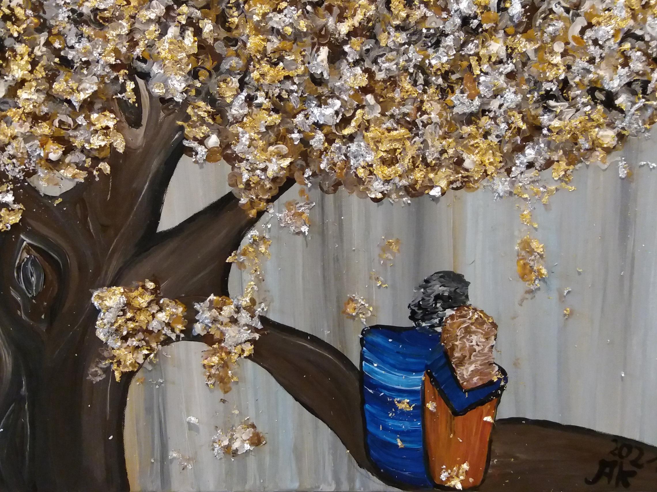 Acrylbild eines Paars auf einem Ast; mit Metall-Collagentechnik wurden Blätter hinzugefügt