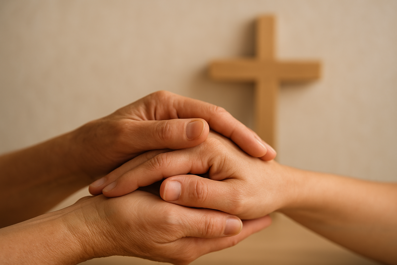 Hände in den Händen und Kreuz im Hintergrund