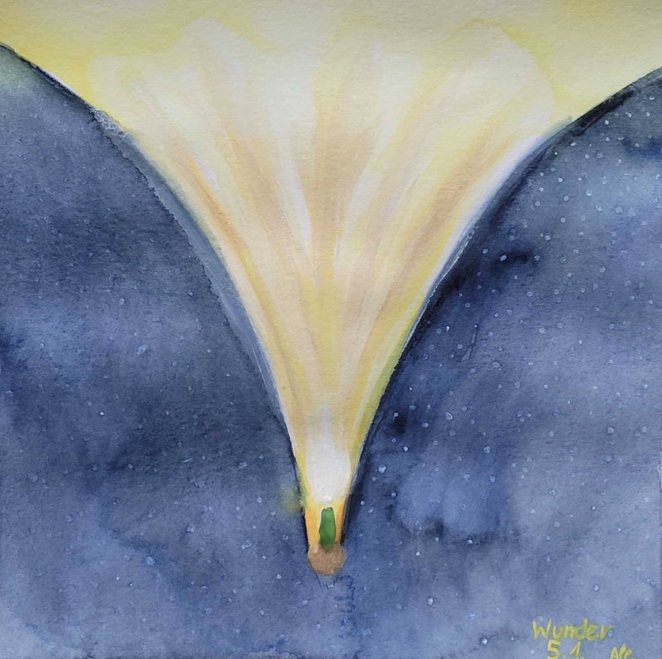 Blauer Hintergrund mit kleinen Sternen, in den V-förmig ein gelber Keil ragt