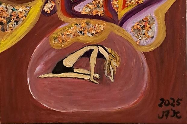 Danse macabre (c) Anne Maria Helena Klinkertz, Leichlingen Acryl auf Leinwand mit Collagentechnik, 2025, nach einer Tanz-Choreografie zum Lied 'Danse macabre' von der Gruppe Delain