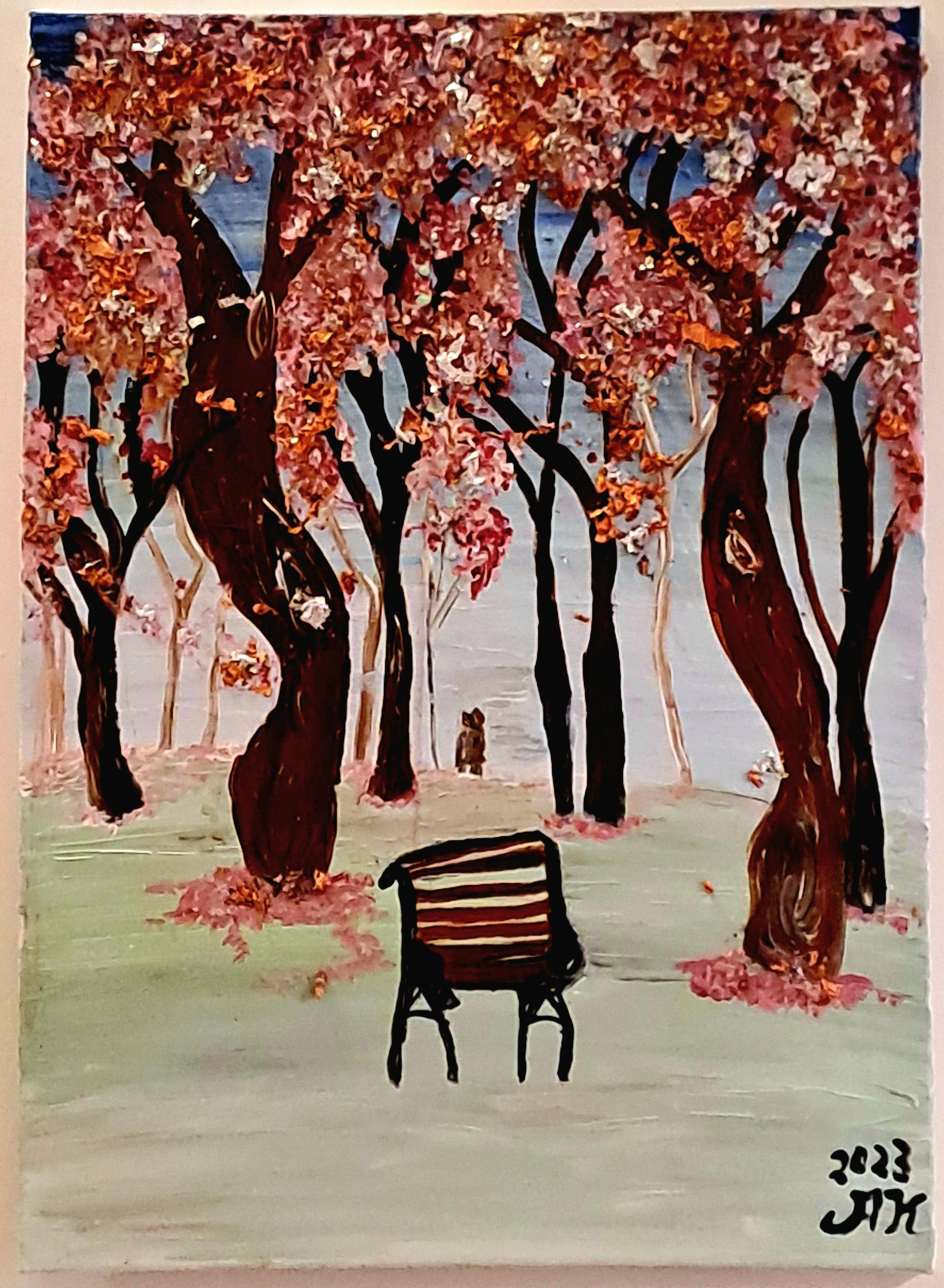 Parkbank im herbstlichem Wald - Originalbild: Acryl auf Leinwand, 2023 von Anne Klinkertz gemalt