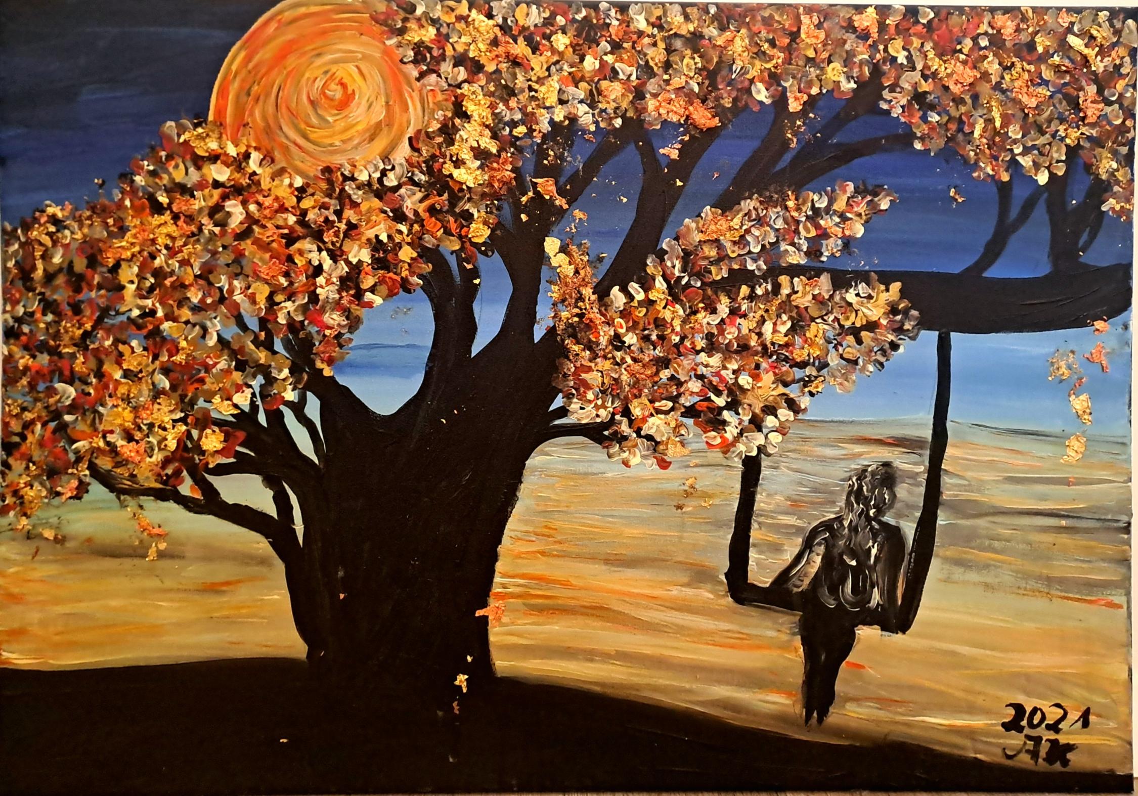 Acrylbild auf Leinwand: Mädchen, das in einer Baumschaukel sitzt und in die Ferne guckt