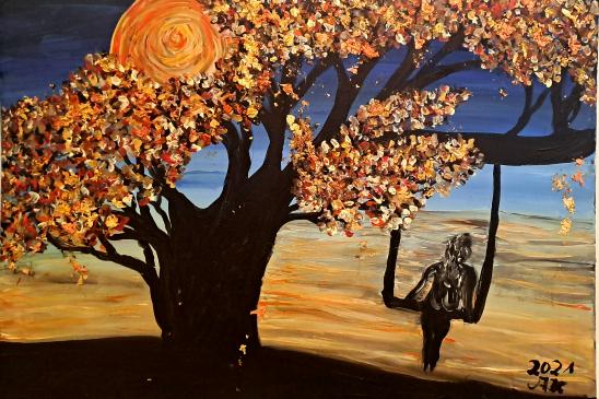 Acrylbild auf Leinwand: Mädchen, das in einer Baumschaukel sitzt und in die Ferne guckt