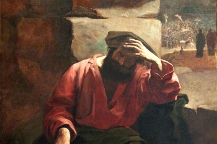 Gemälde des niedergeschlagenen Judas Iskariot mit Silberlingen zu seinen Füßen und der Kreuzigung im Hintergrund