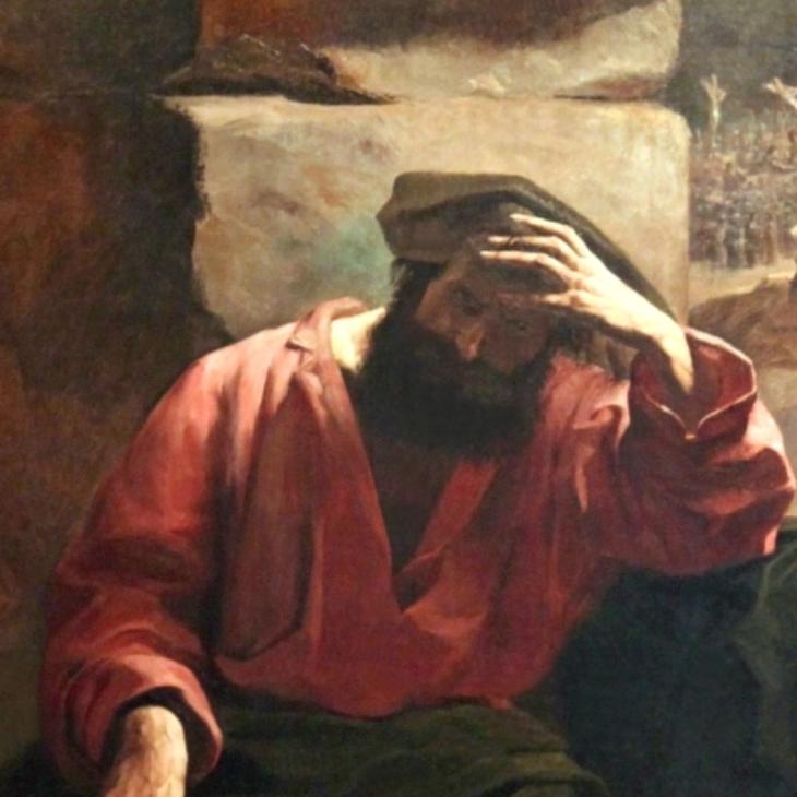 Gemälde des niedergeschlagenen Judas Iskariot mit Silberlingen zu seinen Füßen und der Kreuzigung im Hintergrund